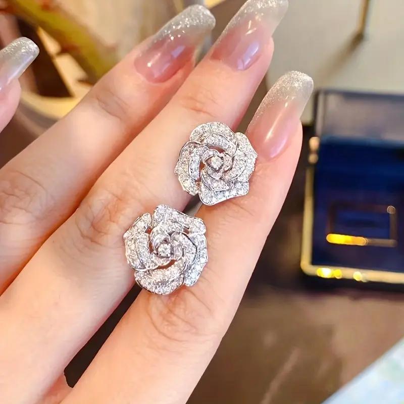 Rose Flower Shape Stud Earrings Micro Paved Zircon  Silver Plated Ear Jewelry For Women Temperament Bridal Engagement Banquet