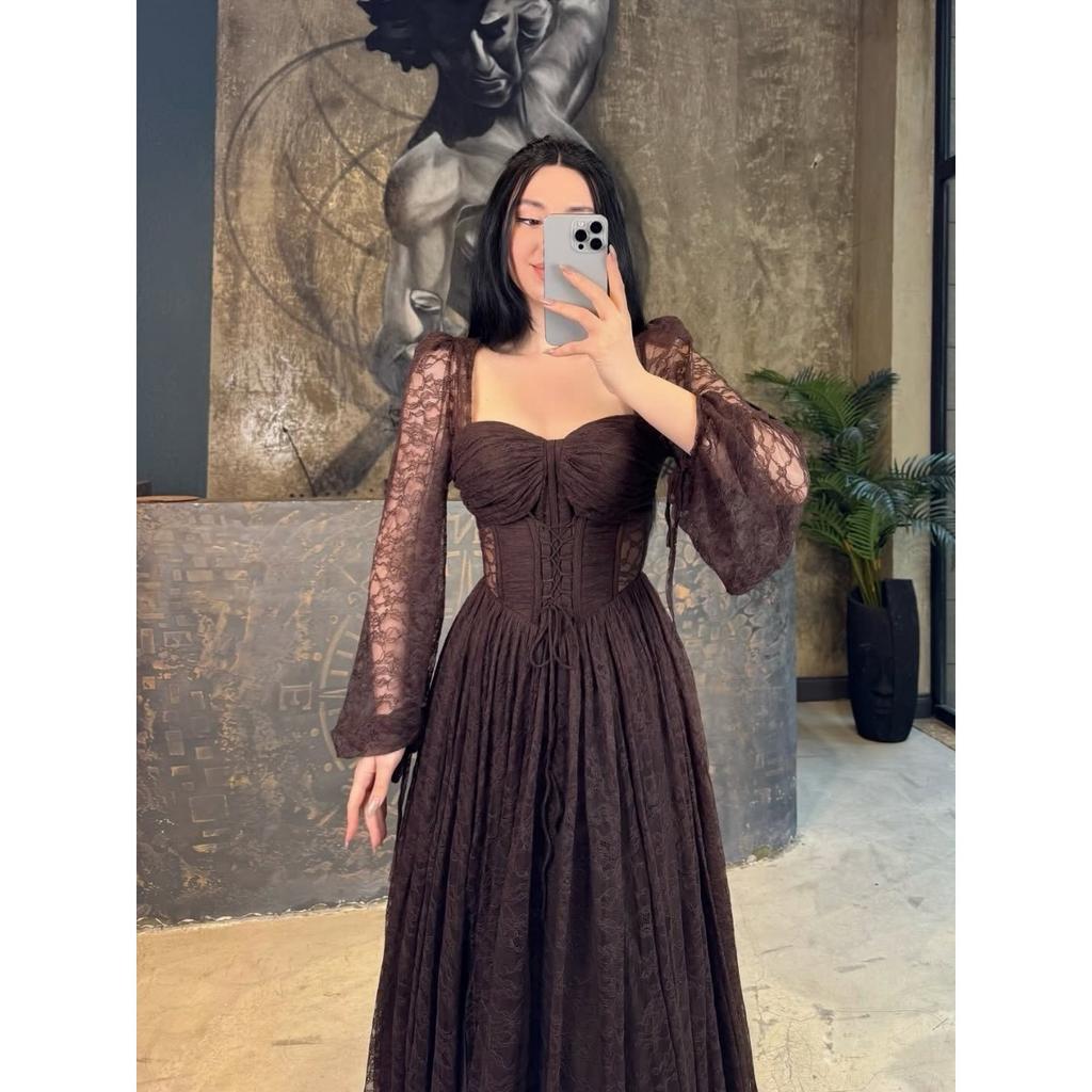 New Lace Waist Cinched Long Sleeve Maxi Dress, Elegant Evening Party Gown, European Style Long Dress for Women