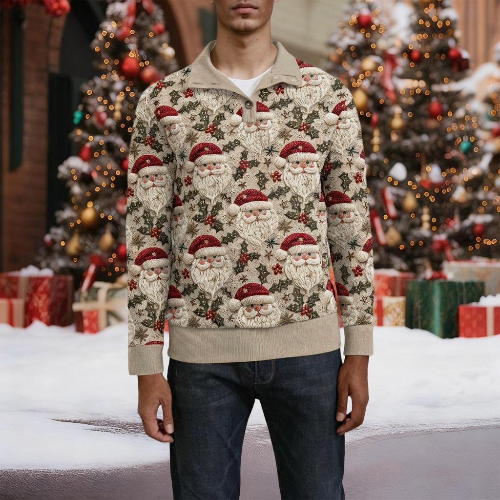 Erkek Noel Pamuklu Kazak Uzun Kollu Dış Giyim Gömleği Vintage Kadife Düğmeli Dik Yaka Gömlek Günlük Sweatshirt Noel Baskılı Üst