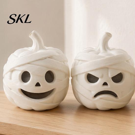 Modern 3D Printed Home Decor Mummy Pumpkin Skull Figurine for Halloween Decorations, Small Tabletop Accents with Funny Expressions Office Desk