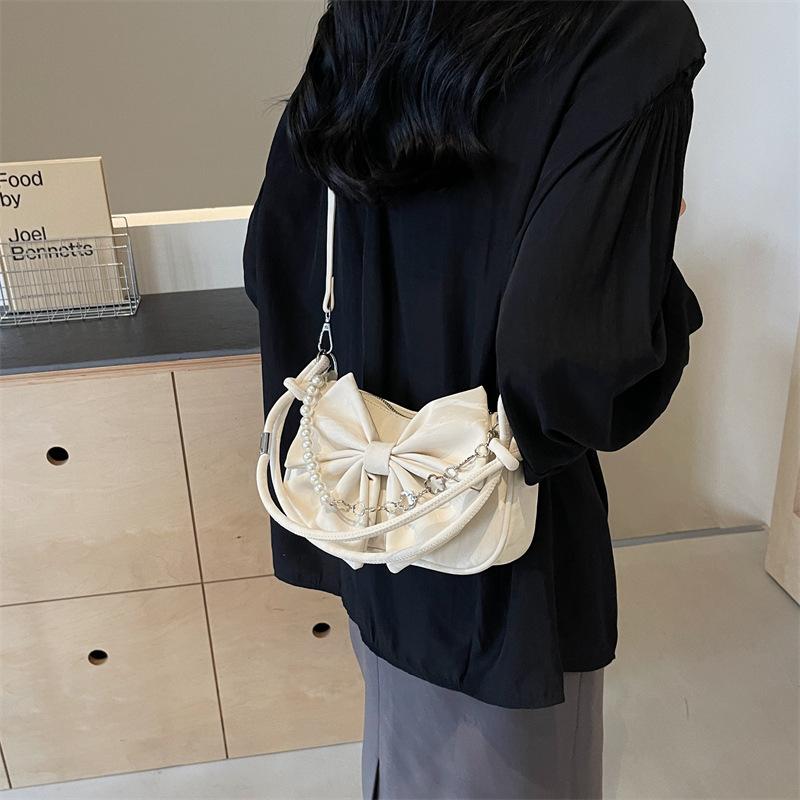 Bow bag women's fashion new pearl chain messenger bag fashionable simple sweet texture shoulder bag