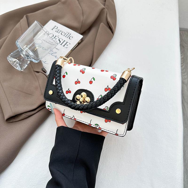 

2025 new cute cherry printed messenger bag twist portable small square bag splicing contrasting color design shoulder bag tide