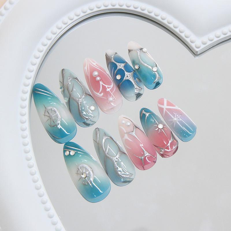 Three-dimensional metal sense irregular lines star light pearl gradual change blush nail art piece 24 pieces