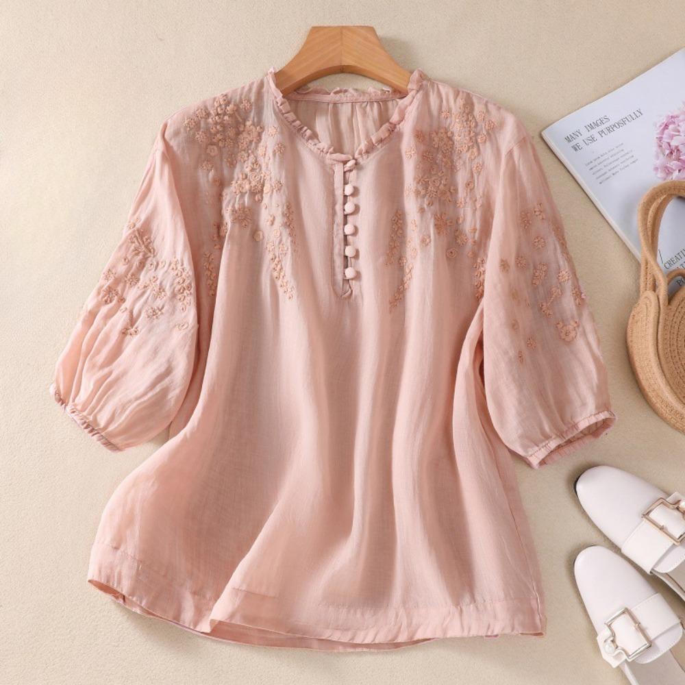 Women's Ruffle Neck Three Quarter Sleeve Blouse Loose Fit Vintage Floral Embroidery Linen Shirt