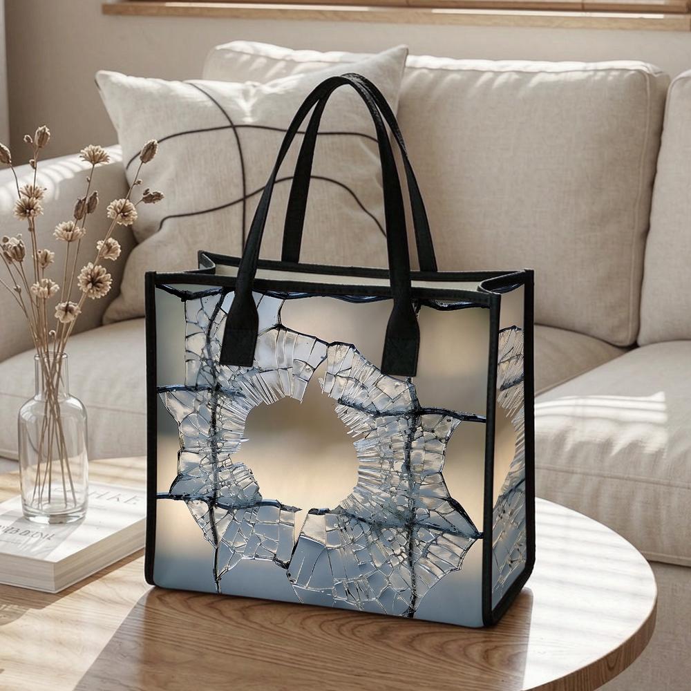 Trendy Cracked Mirror Printed Tote Bag Fashion Durable Casual Daily Carry Shoulder Handbag for Shopping Travel Outdoor Use