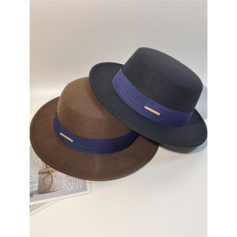 Celebrity French Temperament Flat Top Woolen Top Hat Women's Flat Edge Small Edge Felt Hat British Fashion Simple Autumn and Winter
