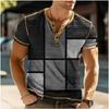European and American semi-cardigan, casual short-sleeved digital printing slim-fit pullover Henry T-shirt top men's clothing