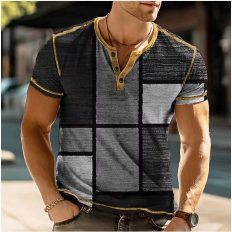 European and American semi-cardigan, casual short-sleeved digital printing slim-fit pullover Henry T-shirt top men's clothing