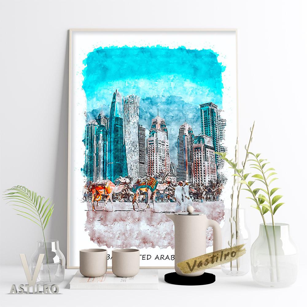 World City Tourism Krajina Akvarel Plakát Dubaj Amsterdam Monako Umělecká reprodukce