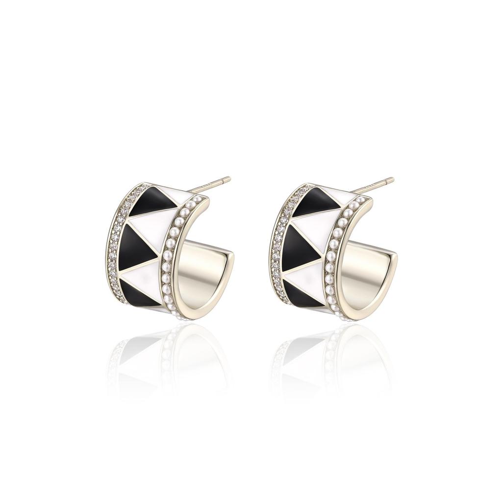 Boucles d'oreilles Puces Rétro Design Belge Émail Noir et Blanc Plaqué Or Zirconium Perle