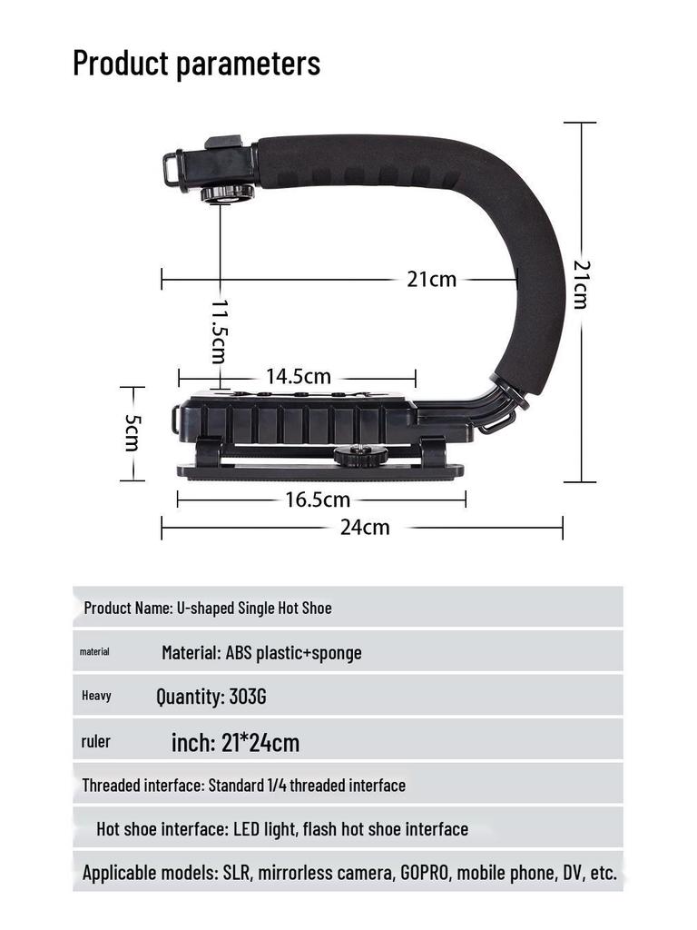 Portable U-Shaped Handheld Stabilizer with Flash Mount for SLR Cameras and Mobile Phones