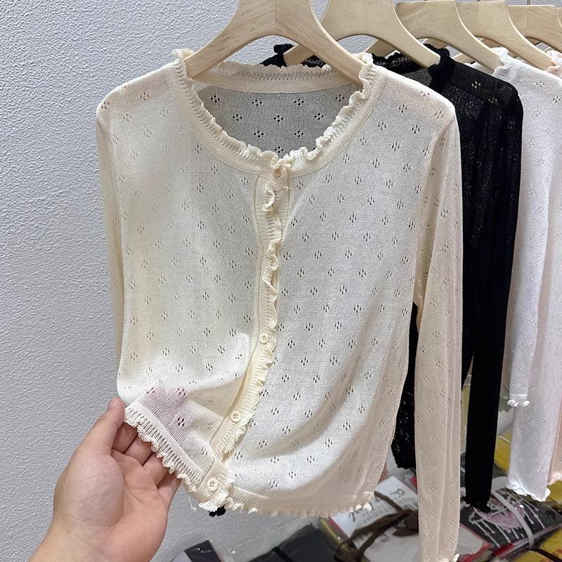 Sweet wind hollow thin knitted cardigan women's summer outdoor sunscreen top age-reducing fungus edge air-conditioning shirt
