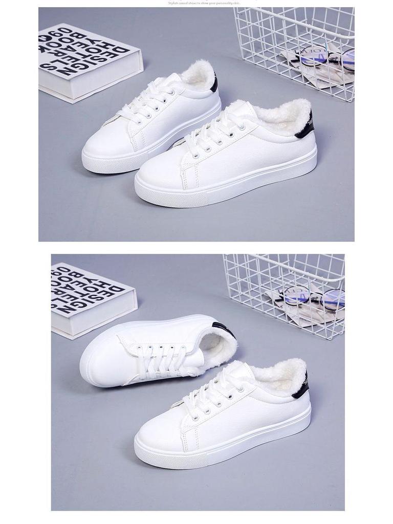 Women's Fleece-Lined White Winter Sneakers, 2025 Korean Style Casual Flats.