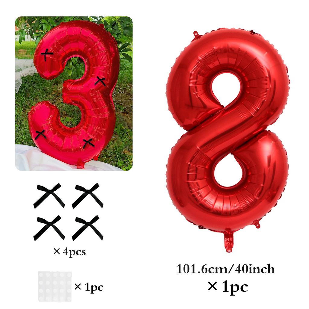 40 Inch Black Bow Decorated Red Digital Balloons 0-9 Numbers DIY Bow for Birthdays, Anniversaries, and New Year Decorations