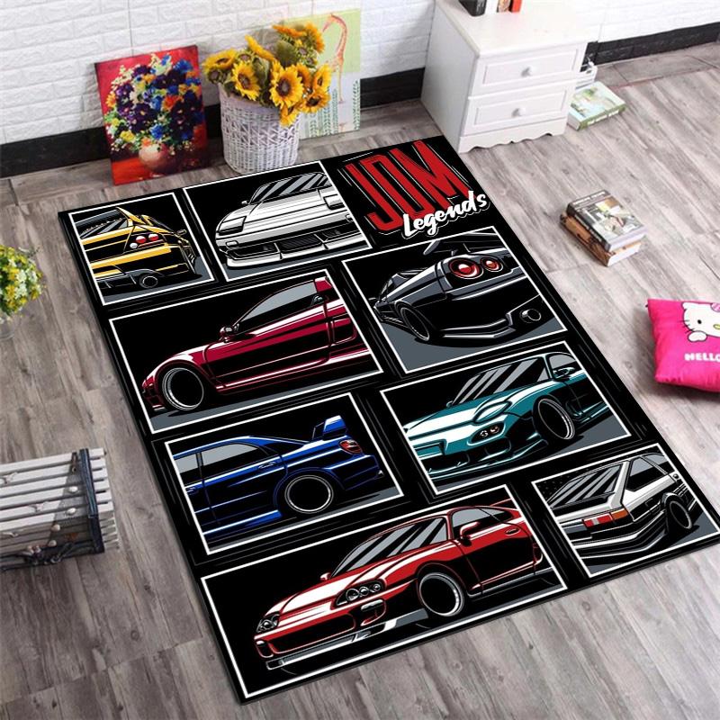 JDM Legends Sport Car Comic Collage Print Area Rug Non‑Slip Rectangular Floor Mat Car Enthusiast Decor Rug for Gaming Room Living Bedroom