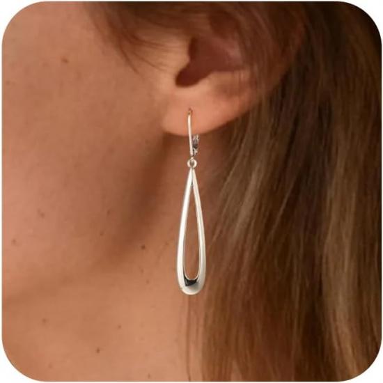 BoutiqueLovin Boucles d'oreilles pendantes longue goutte pour femme | Plaqué or 14 carats Boucles d'oreilles pendantes Argent Hypoallergénique Creuses Pendantes Fermoir à crochet