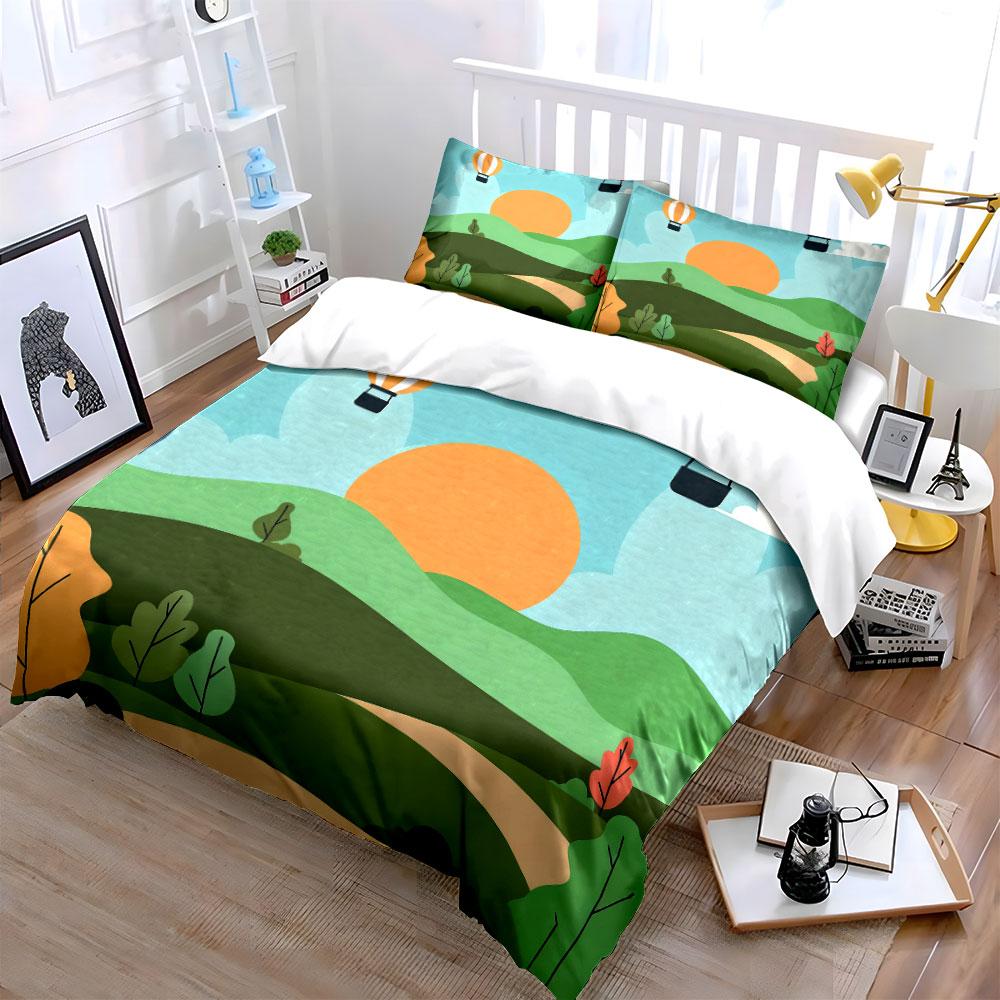 Hot Air Balloon Landscape Decor Soft Comfortable Duvet Cover Bedding Set Included 1*Duvet Cover & 2*Pillowcases, Gift