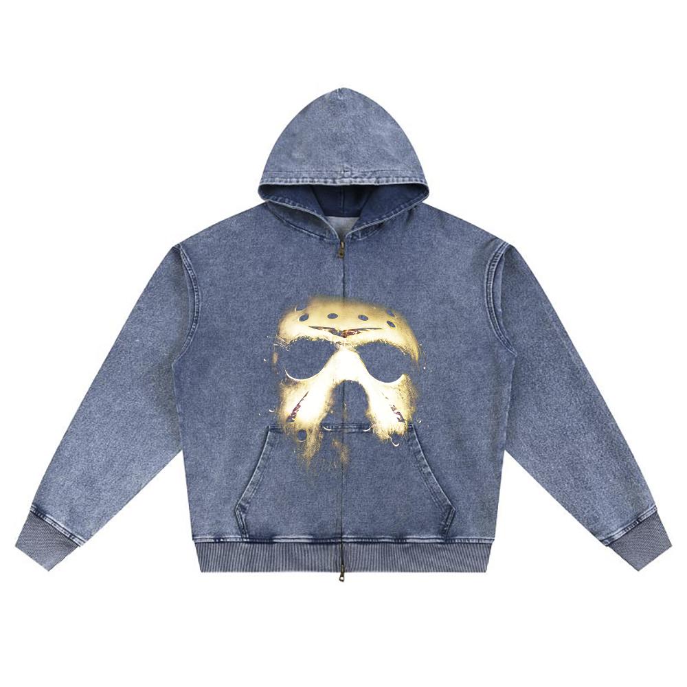 DTG Print Knitted Denim Zip-Up Hoodie Copy of JASON MASK Brother Print Zipper Hoodies  