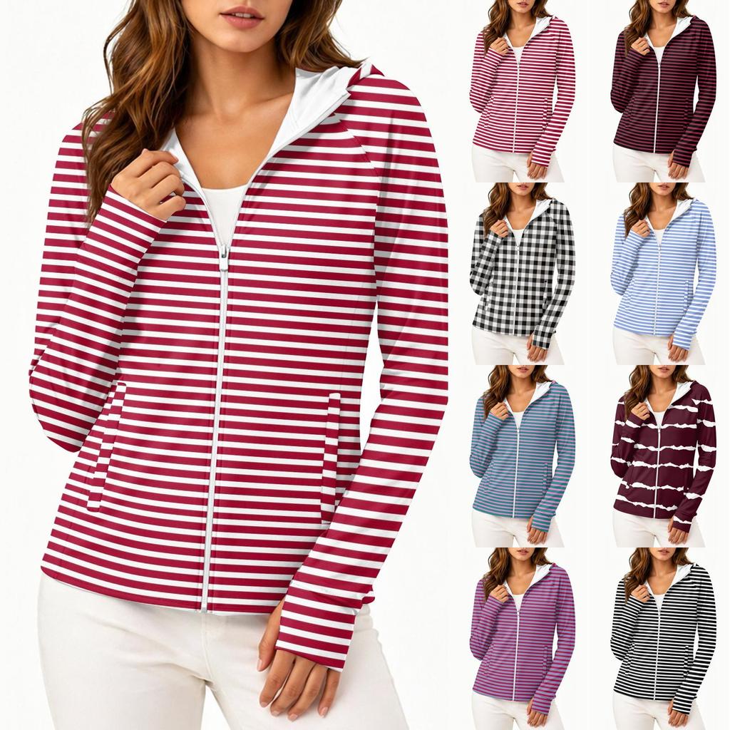Women's Fashion Zip Up Hoodie Lightweight Long Sleeve Hooded Jacket with Pockets and Printed Design for Sun Protection