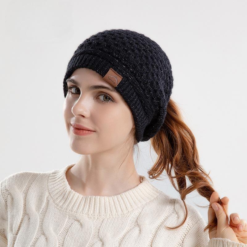 Autumn and Winter Warm Ear Protection Pullover Hat Women's Hat Ponytail Hole Knitted Hat European and American Wool Hat Tide