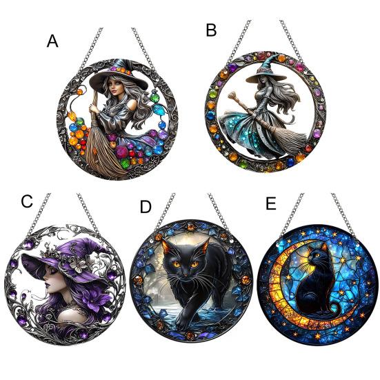 Halloween Witch Black Cat Hanging Sign 2D Flat Acrylic Broom Witch Round Sign Indoor Outdoor Porch Door Hanger Wall Hanging Decoration