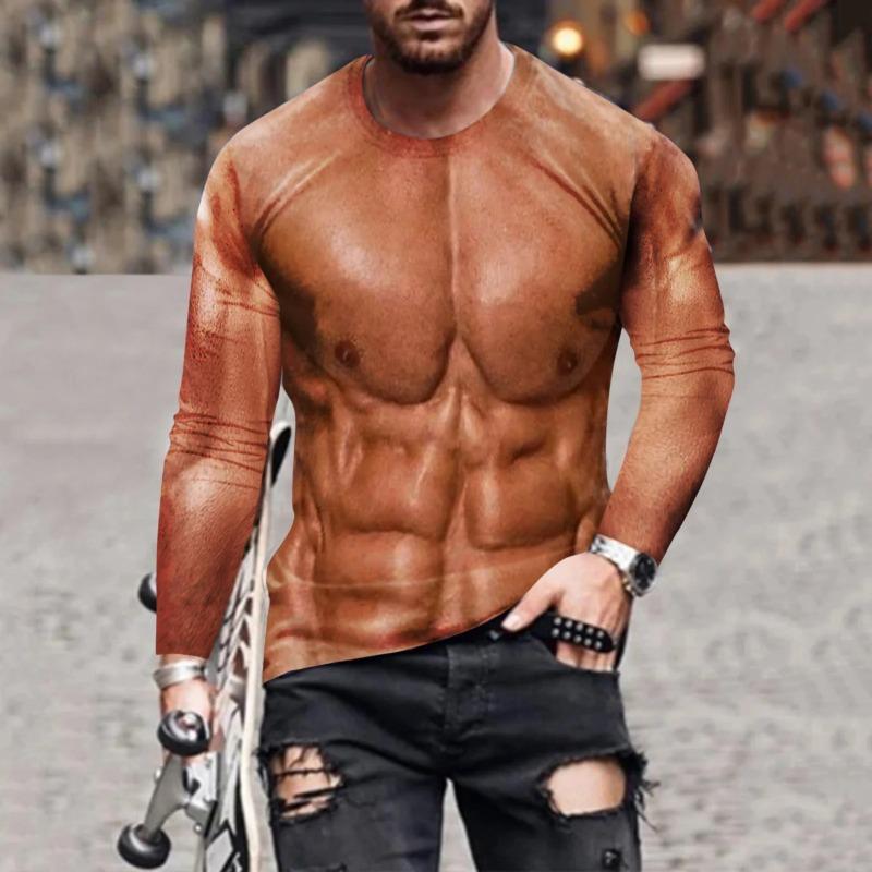 Wengy 2 Bodybuilding Spier Simulatie T-shirts 3D Print Gespierde Man Sport T-shirt Lange Mouw Heren Gym Fitness Top T-shirt Dagelijkse Kleding 6XL