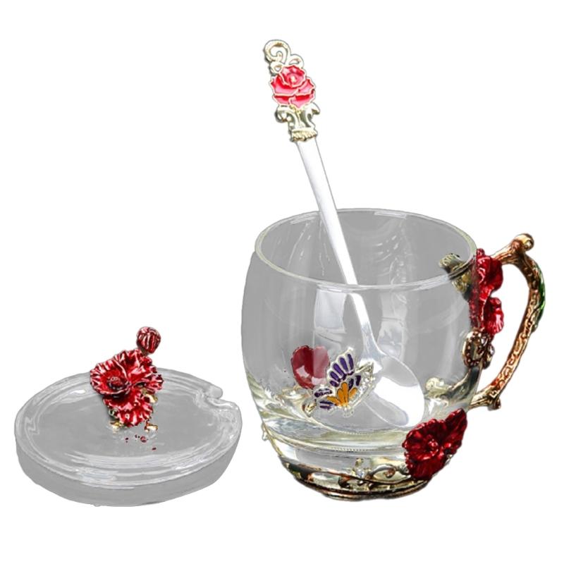 Praktisches Glas-Emaille-Tassen-Geschenkset Schmetterlinge Emaillierte Glastassen Blumen Verzierte Glas-Wasserbecher mit Löffel Dropshipping
