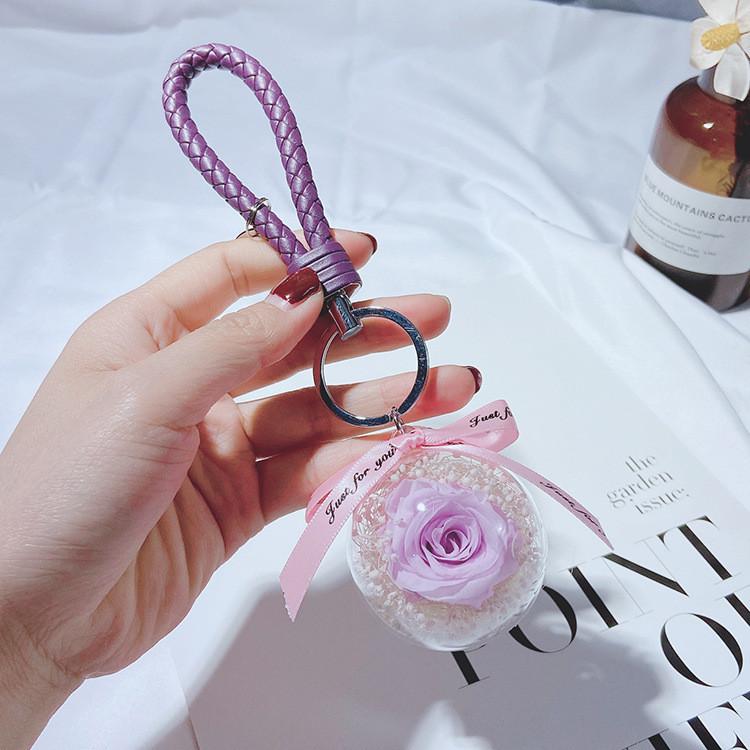 Stylish Women's Floral Keychain With Braided Rope Rose And Dried Flower Pendant