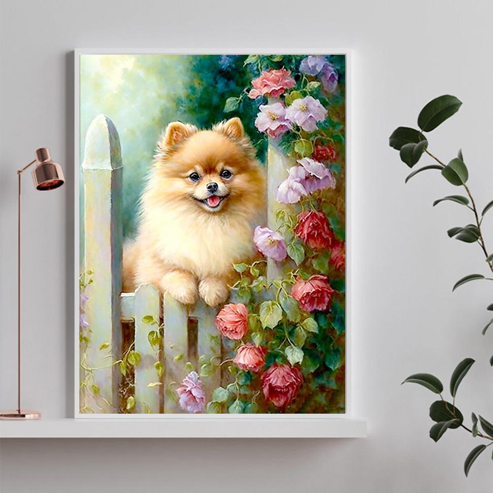 5D DIY Full Round Drill Diamond Painting Flower Manor Puppy Home Decor 30x40cm