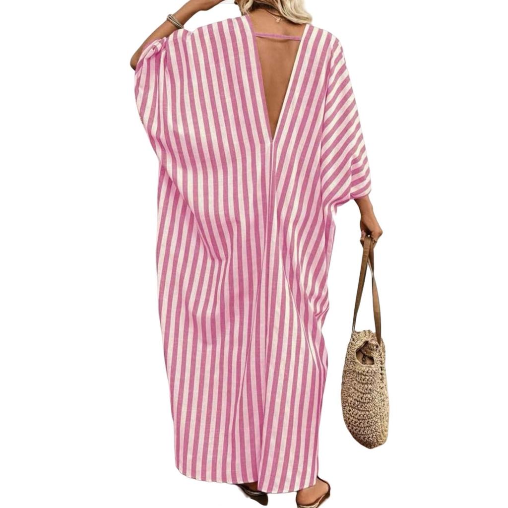 Europäisches & Amerikanisches Sommer 2026 V-Ausschnitt Gestreift Locker Freizeit Strandkleid