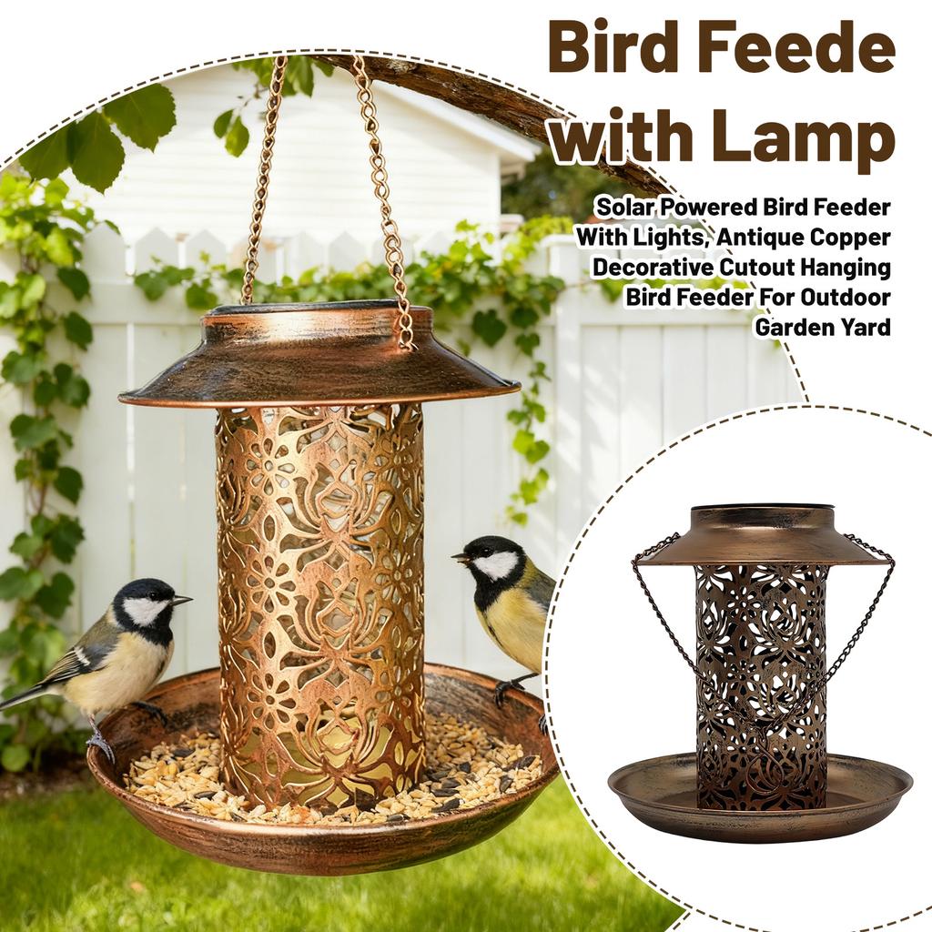 Solar Powered Bird Feeder With Lights, Antique Copper Decorative Cutout Hanging Bird Feeder For Outdoor Garden Yard