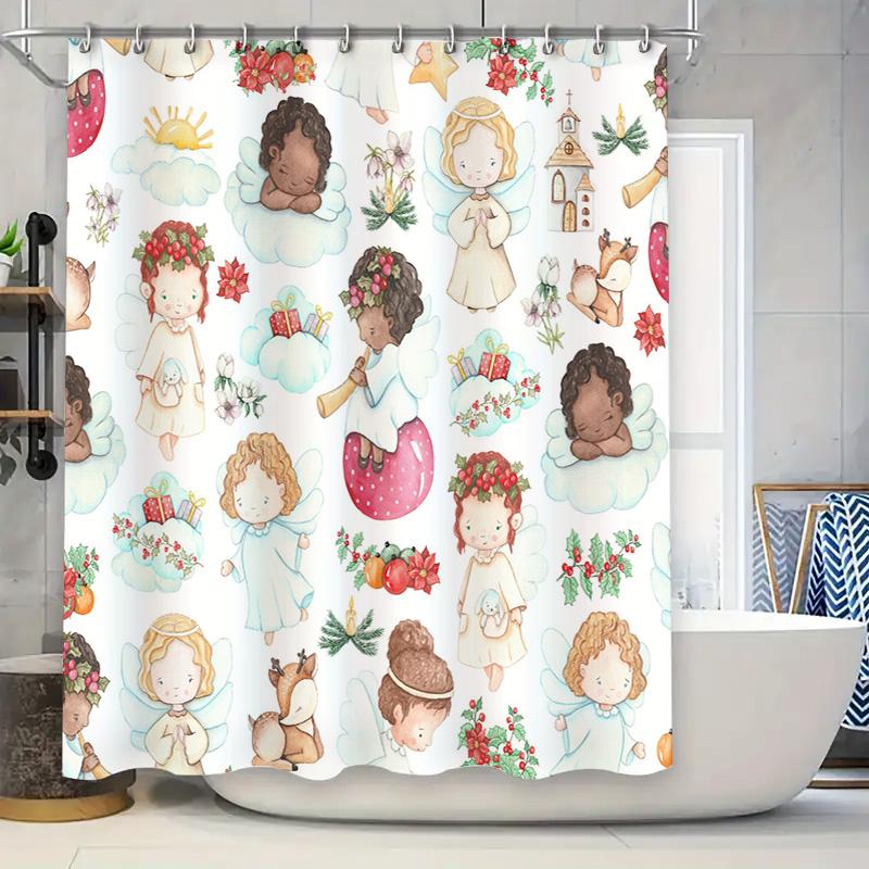 

Cute Kids Cartoon Shower Curtain Set Christmas Angels with Gifts Print for Bathroom Decorations in Bathtub Showers Accessories f 90x180cm