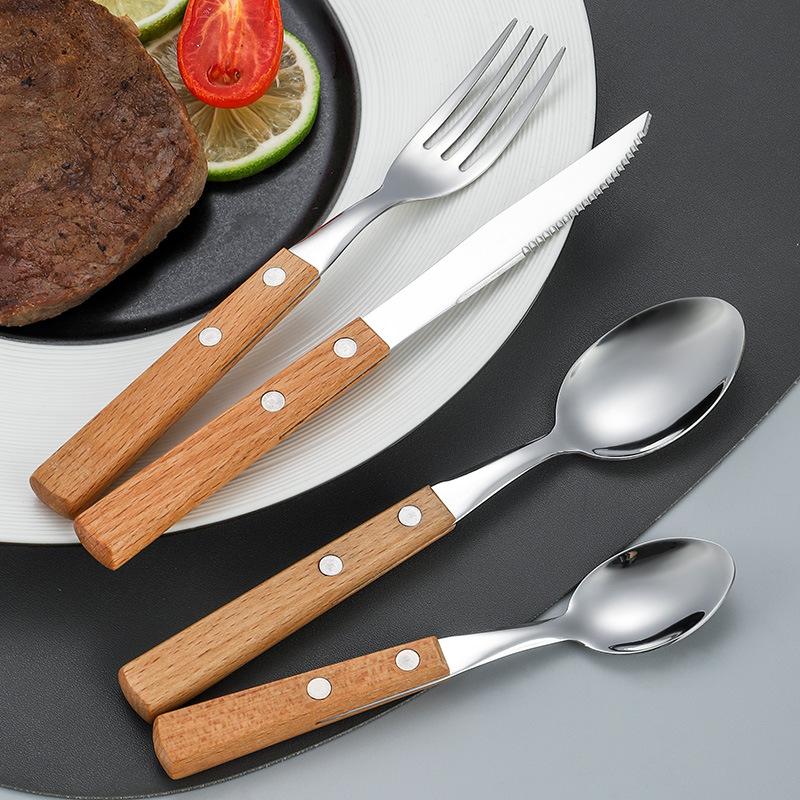 304 Stainless Steel Knife, Fork and Spoon Four-piece Set, Japanese-style Western Tableware, Flower Pear Wooden Handle, Steak Knife, Fork and Spoon Set