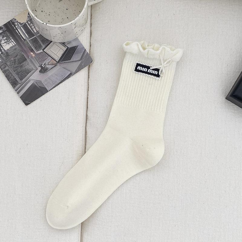 

Miu Miu Style Blue Mid-Calf Cotton Socks with Bow and Lace Ruffle One Size
