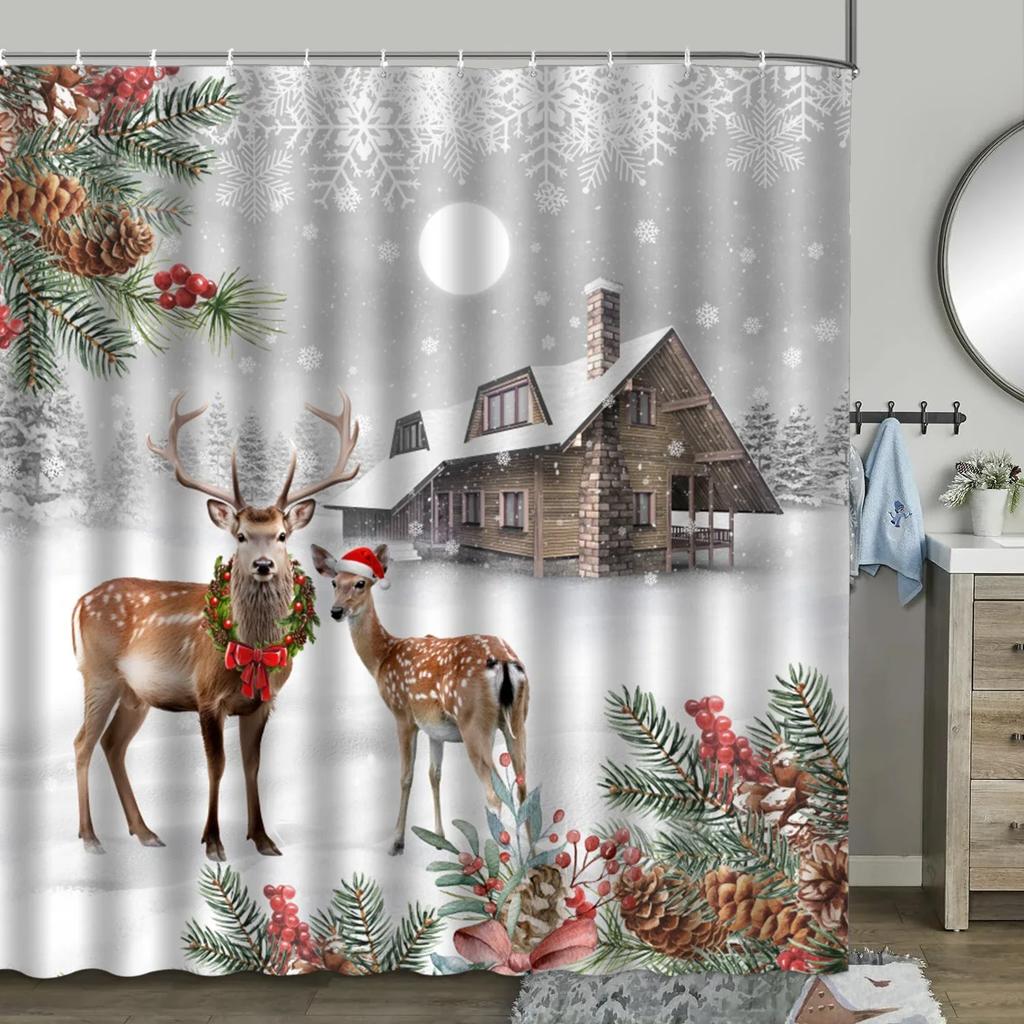 unframed Christmas Shower Curtain, Winter Farm Barn Snowman Animal Moose Berry Christmas Tree Snow Scene Red Bird Bathroom Dec
