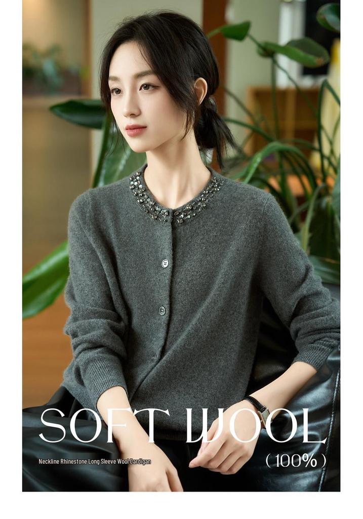 2025 Autumn/Winter Women's Round Neck Pure Wool Cardigan with Rhinestones, Slimming Knit Cashmere Sweater Coat
