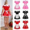 Costume de Cosplay de femme de chambre française en cuir aspect mouillé pour femme, mini robe de soirée à manches bouffantes