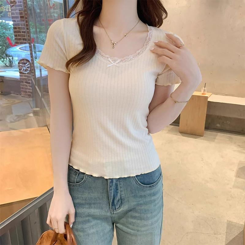 

Синяя нежная и милая женская кружевная футболка с круглым вырезом и короткими рукавами, новый весенний тонкий многослойный топ Pure Desire с внутренней стороны XL абрикосовый