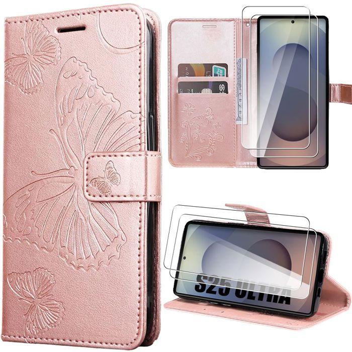 Coque de protection - BOOLING - Samsung Galaxy S25 Ultra - Effet Cuir Rose - Motif Papillon - 2 Verres Trempés