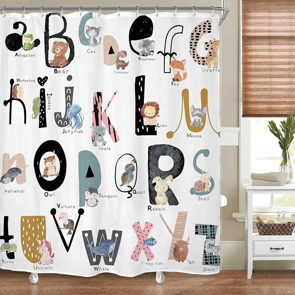 Kids Alphabet Shower Curtains For Bathroom Decor Abc Educational Learning Tool Baby Cartoon Animals Colorful Girls Boys Printed