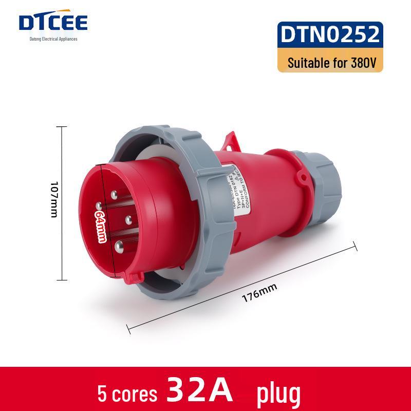 IP67 Waterproof Industrial Angled Plug Socket, 16A/32A, 3-Core, 4-Wire, 5-Pin, Flush Mount, Not Explosion-Proof