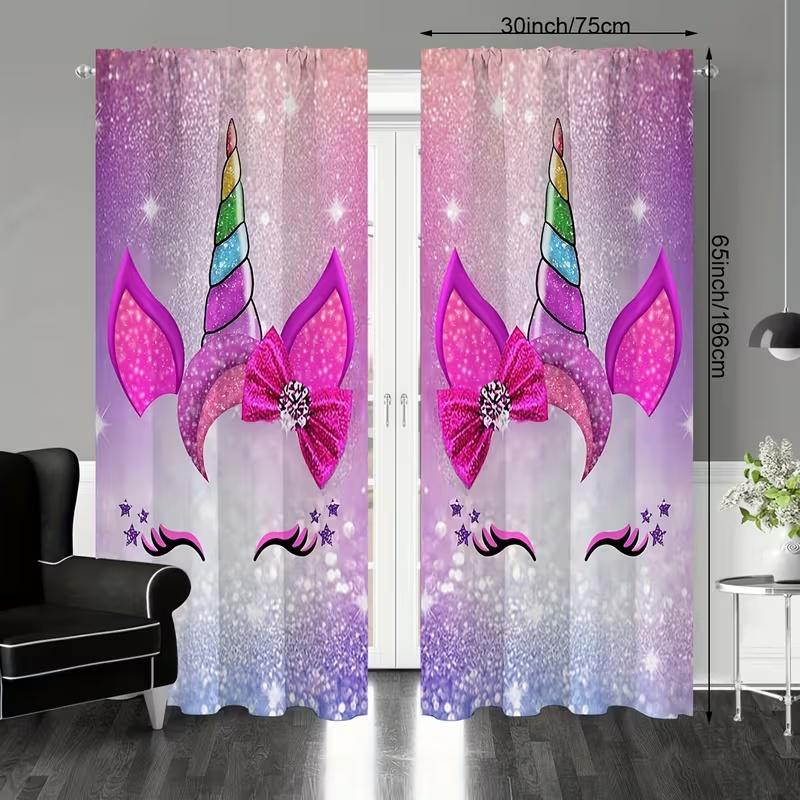 2 Pcs Pink unicorn horns print curtains,suitable for bedroom,living room kitchen decoration,home decoration,window decoration
