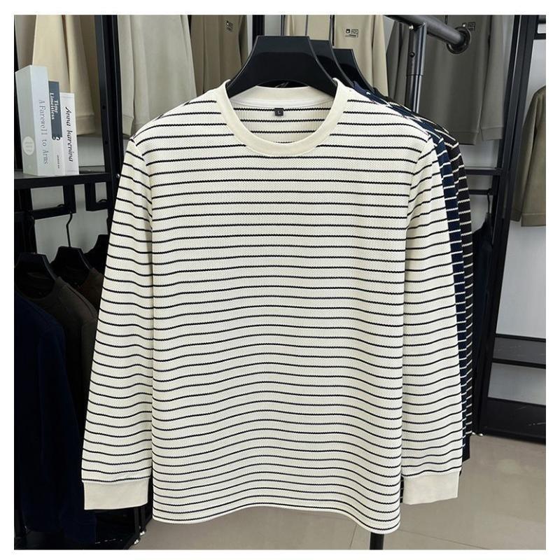 Maglia da uomo a righe con scollo rotondo, manica lunga, casual, con texture a nido d'ape
