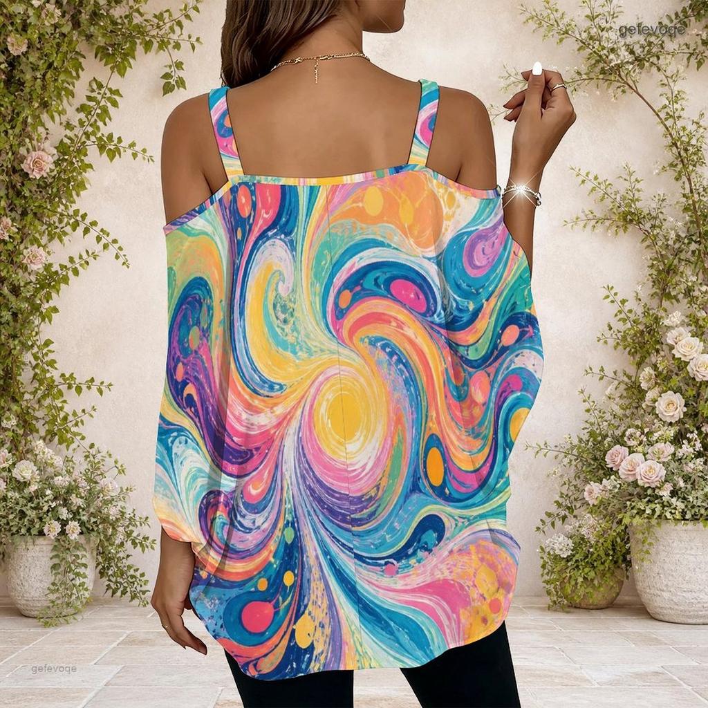Damen Übergröße Off-Shoulder Doppelträger V-Ausschnitt Kurzarm Pink Lila Farbverlauf Print Top