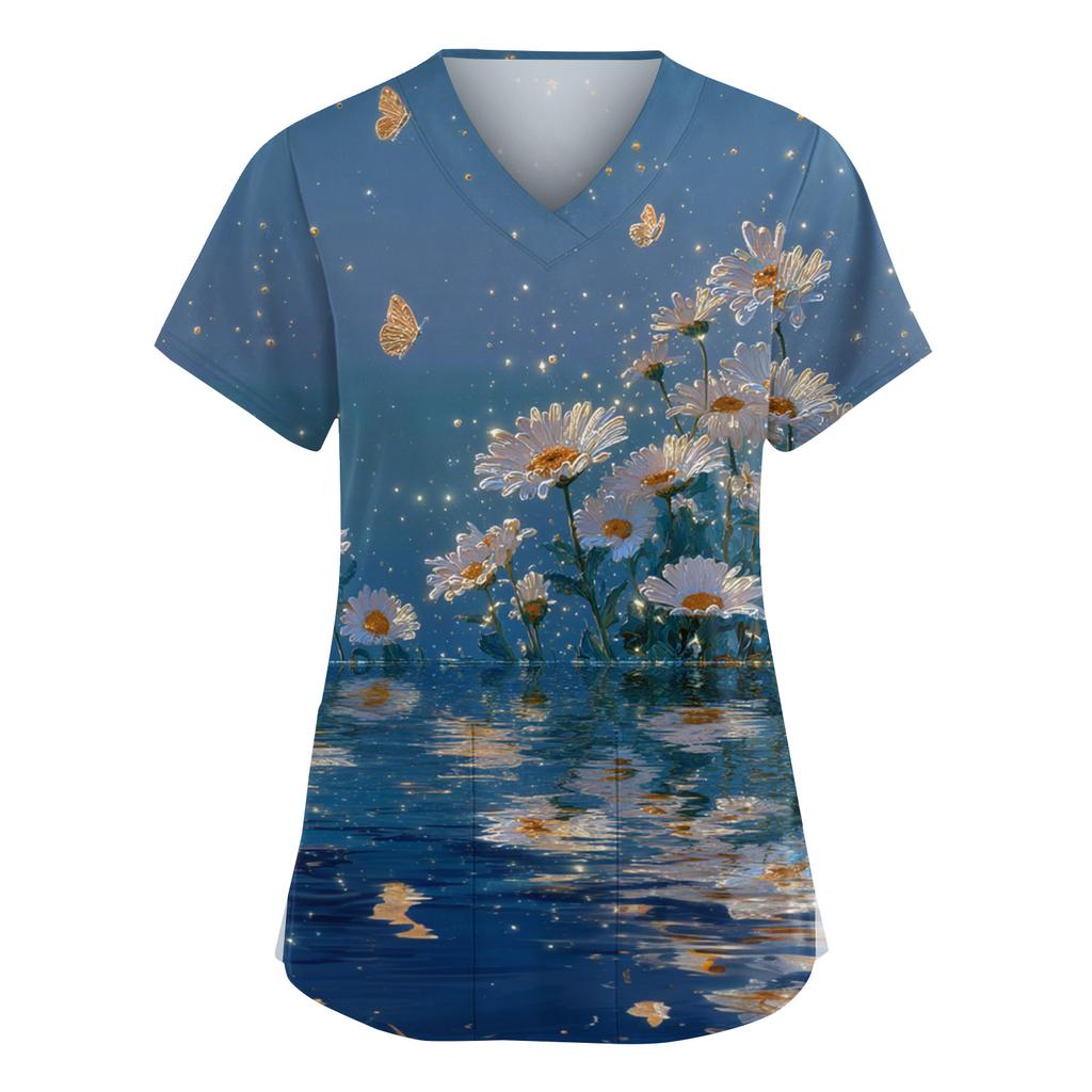 Women's Fashion V,Neck Short Sleeve Overalls With Pockets  Print Tops  Clothes