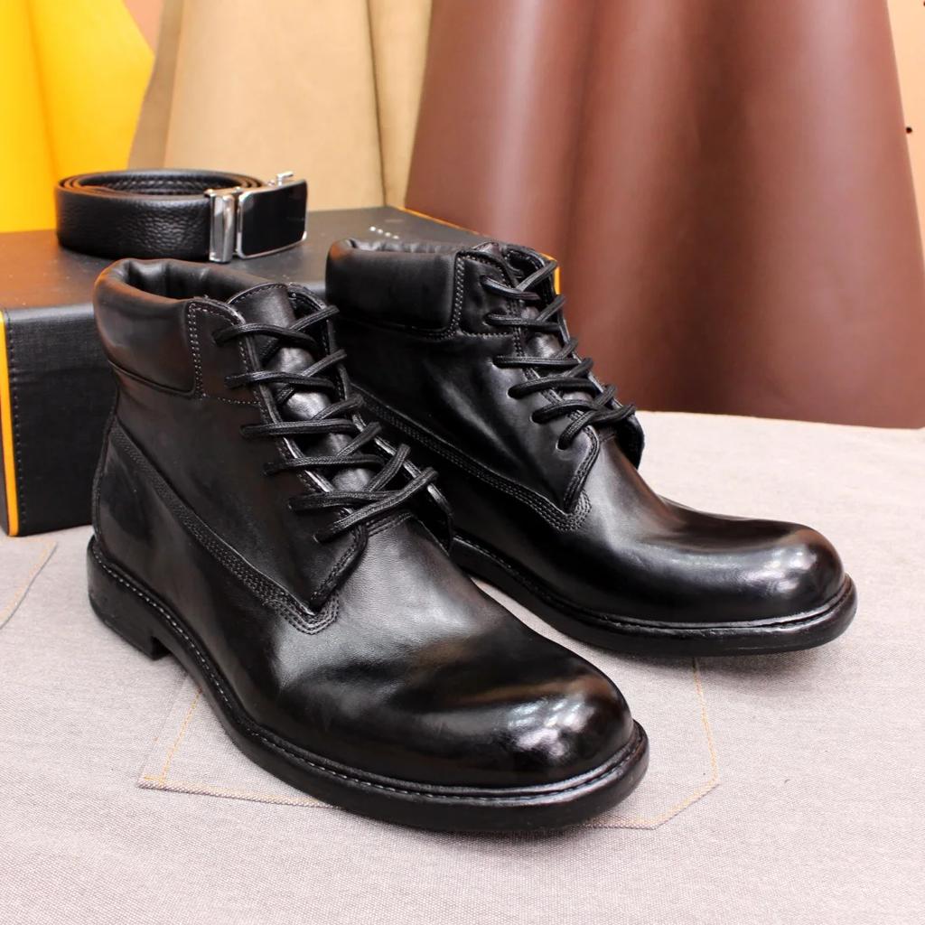 Fashion Men's British Style Ankle Boots Soft Handmade Genuine Leather Sole Windproof Comfortable Lace-up Winter Motorcycle Shoes