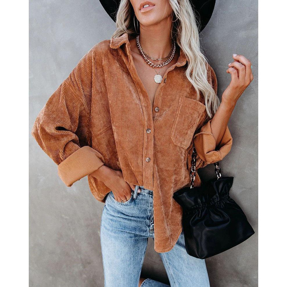 Damen Freizeit Cordbluse Streifen Damen Hemd Jacke Vintage Knopf Tasche Locker Mode Blusen Tops Übergröße