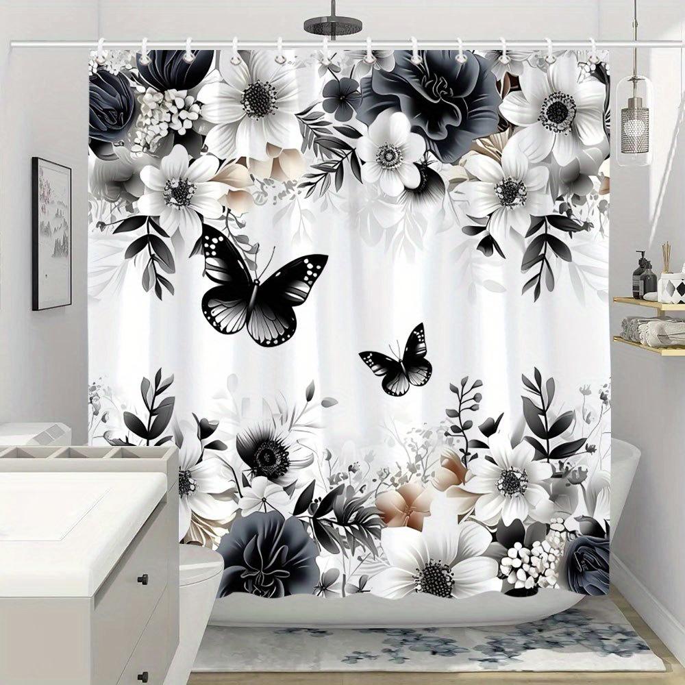 Elegante Polyester Douchegordijn | Zwart & Wit Bloemen- en Vlindervormig Ontwerp Met Rozen, Lelies, Margrieten | Machinewasbaar