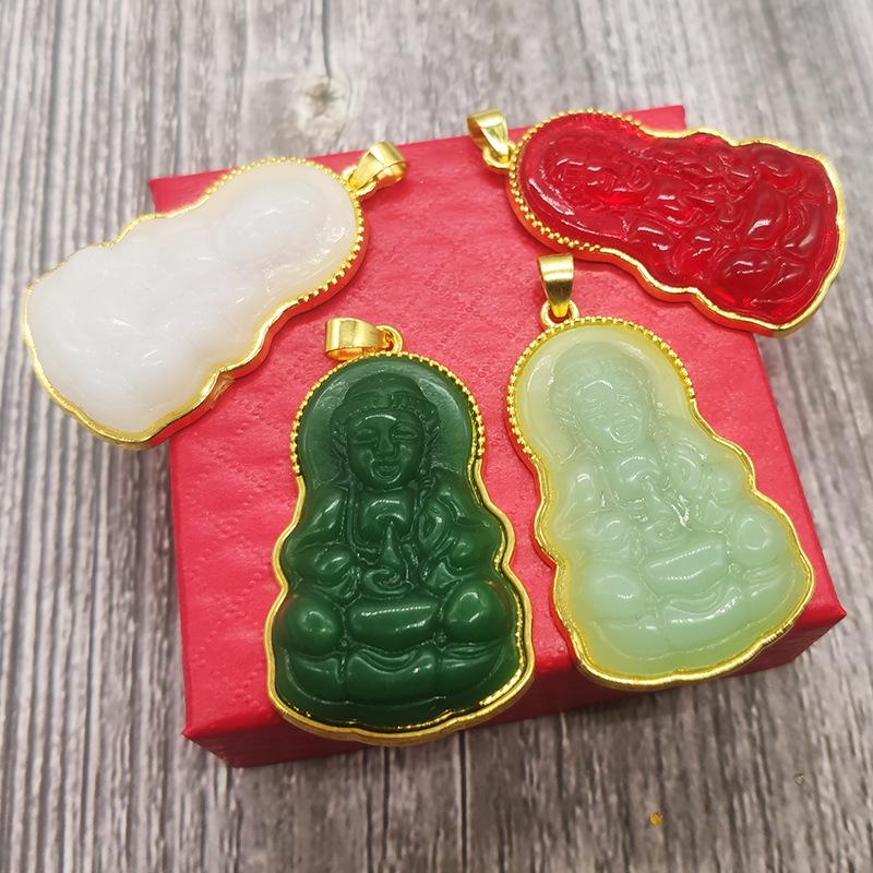 Gold-Inlaid Jade Guanyin Buddha Pendant Necklace - Ethnic Style for Men and Women