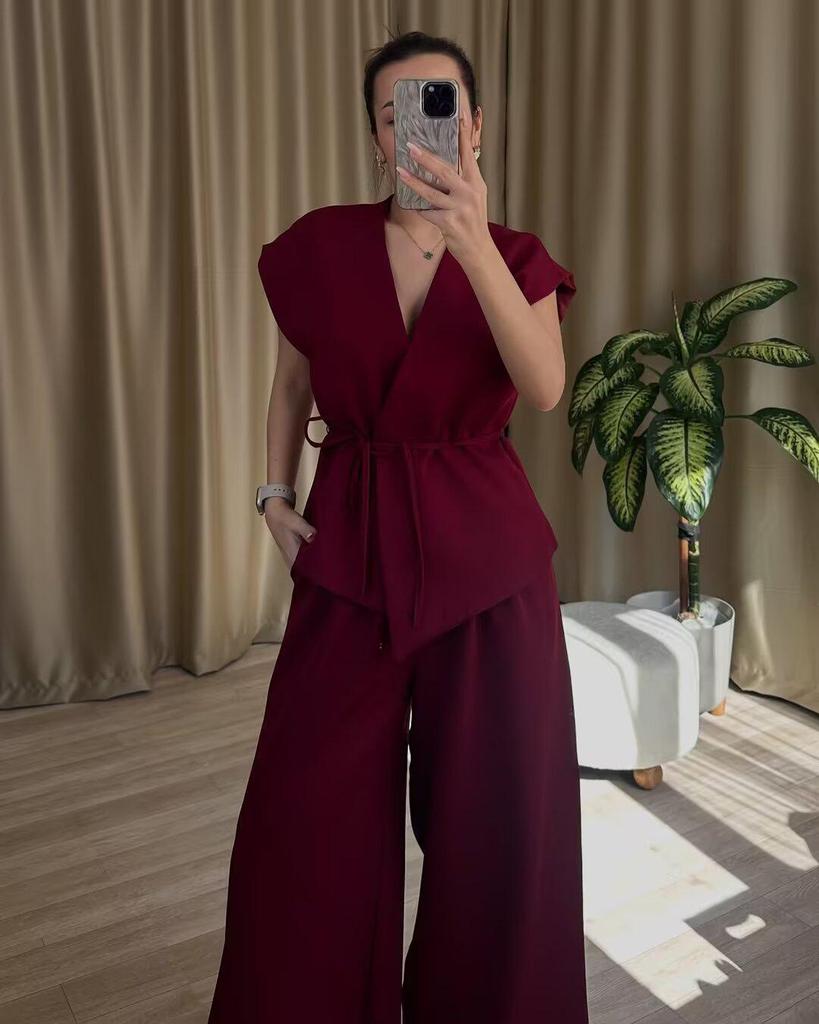 Dámský letní retro kardiganový top a kalhoty se širokými nohavicemi, sada 2025